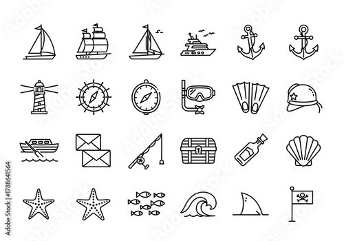 Nautical adventure and sea voyage thin line icon set. Features ship, anchor, lighthouse, and ocean elements for web and graphic design erty (234)