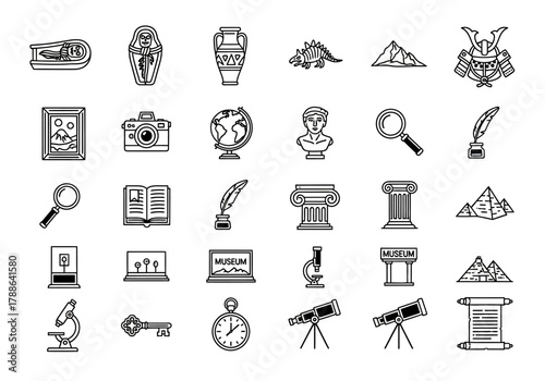 A collection of outline icons representing history, museum exhibits, archaeology, and scientific instruments
