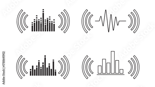 this image displays four distinct black line art icons representing sound waves and audio signals on transparent background silhouette high quality professional detailed modern elegant stylish