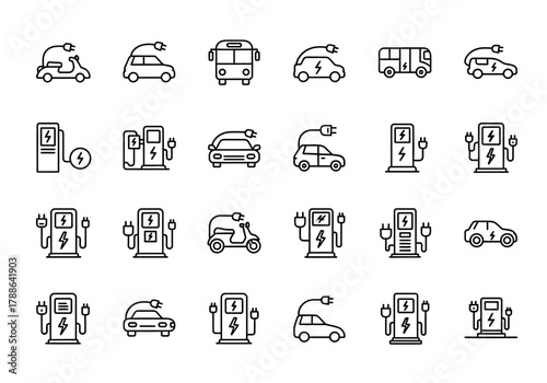 A comprehensive set of electric vehicle and EV charging station line icons. Includes symbols for cars, buses, and eco-friendly transport infrastructure