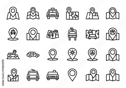 Set of thin line icons for maps and navigation, featuring location pointers, travel routes, and transport symbols like cars and taxis erty (259)