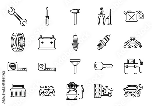 A comprehensive vector set of line icons for car service and auto repair, featuring garage tools and vehicle maintenance symbols