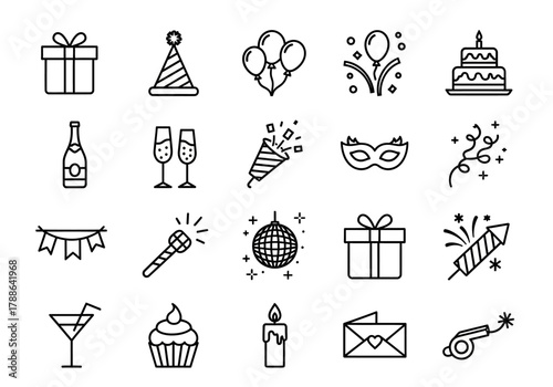 A comprehensive set of celebration and birthday party thin line vector icons for web and graphic design elements