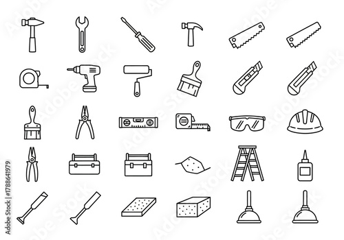 Set of outline icons representing hardware and construction tools. Vector symbols for building, home repair, and DIY projects