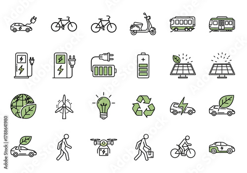 Collection of line icons for sustainable technology and green transport. Vector symbols for electric vehicles, renewable energy, and eco concepts