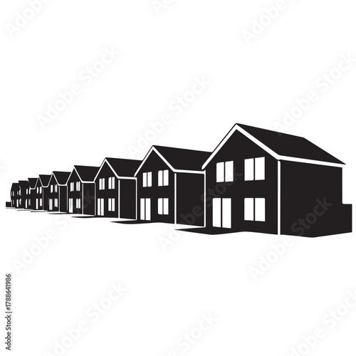 A row of identical houses, lined up in a perspective view, showcasing uniformity and repetition in residential architecture