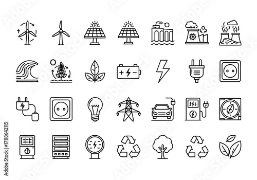 Thin line icon set for green energy and electricity with symbols for solar panels, wind turbines, and eco power sources