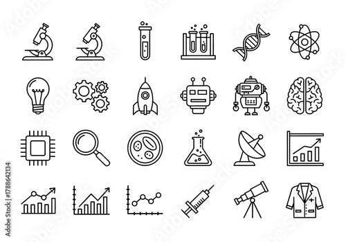Set of thin line icons for science, technology, and research. Vector symbols for laboratory, innovation, and data analysis