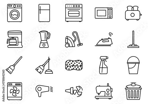 A comprehensive set of line icons depicting various household appliances and cleaning equipment for domestic chores and home life