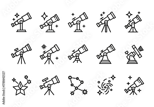 Simple line art icon set of telescopes and astronomy symbols. Vector collection of stargazing, galaxy, and constellation graphics for science projects