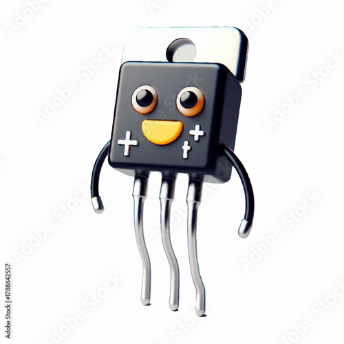Cute 3D Character of a Voltage Regulator in Black and Silver Walking and Smiling to Represent Power Electronics Icon