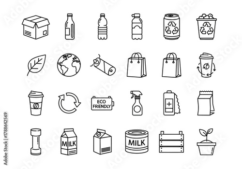 Monochrome outline icons for recycling and waste management, featuring diverse packaging, containers, and environmental symbols for sustainability