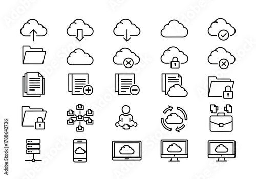 A versatile set of thin line icons representing cloud computing, data storage, and network property management concepts for digital projects
