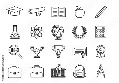 A comprehensive set of education and school line icons for learning and academic projects. This vector collection includes graduation, science, and study symbols