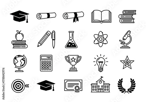 Academic and educational linear icon bundle featuring symbols of learning, knowledge, school subjects, and student achievement
