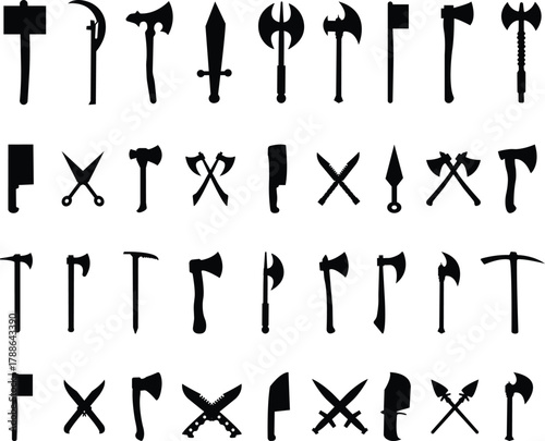 Weapon Icon Set, Axe, Knife, Scissor, Cleaver, Dagger, and Sword Symbol Collection and Group, Sharp Tool, Blade, and Cutting Equipment Vector in Black Color Flat Style