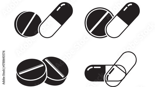 this image depicts four black and white pill and capsule icons showcasing varying designs and orientations on transparent background silhouette high quality professional detailed modern elegant