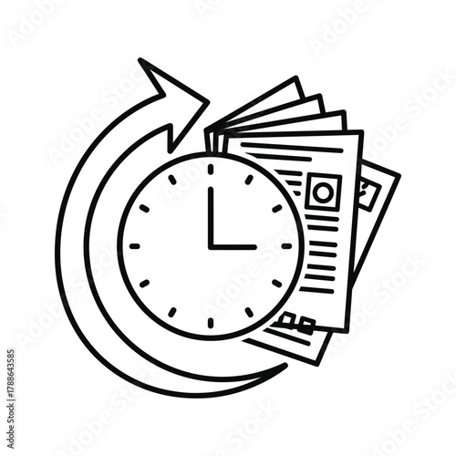 Clock with arrow and papers, representing time management and deadlines