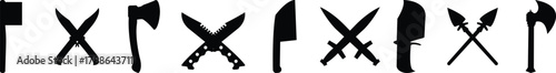 Weapon Icon Set, Axe, Knife, Scissor, Cleaver, Dagger, and Sword Symbol Collection and Group, Sharp Tool, Blade, and Cutting Equipment Vector in Black Color Flat Style