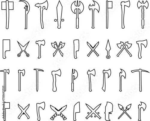 Weapon Icon Set, Axe, Knife, Scissor, Cleaver, Dagger, and Sword Symbol Collection and Group, Sharp Tool, Blade, and Cutting Equipment Vector in Black Color Line Style