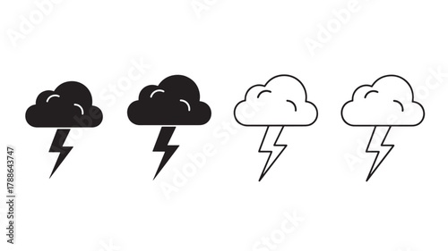 a set of four cloud with lightning bolt icons in varying styles showcasing different line weights on transparent background silhouette high quality professional detailed modern elegant