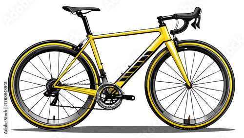 Very beautiful yellow and black racing road bike isolated on a white background, featuring a sleek aerodynamic frame, thin high-performance tires, lightweight components, and a realistic professional 
