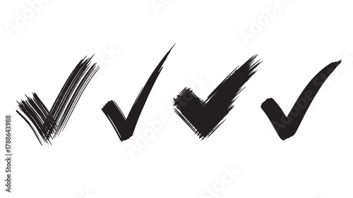 a collection of four hand drawn check marks in a row displaying a variety of styles on transparent background silhouette high quality professional detailed modern elegant