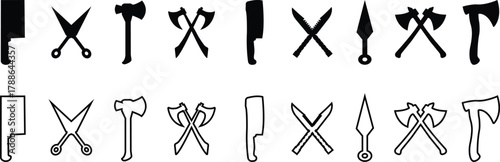 Weapon Icon Set, Axe, Knife, Scissor, Cleaver, Dagger, and Sword Symbol Collection and Group, Sharp Tool, Blade, and Cutting Equipment Vector in Black Color Flat and Line Style