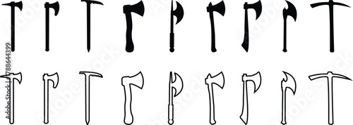 Weapon Icon Set, Axe, Knife, Scissor, Cleaver, Dagger, and Sword Symbol Collection and Group, Sharp Tool, Blade, and Cutting Equipment Vector in Black Color Flat and Line Style