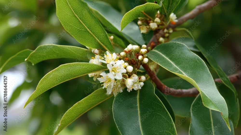Obraz premium Detailed View of Cinnamomum Camphor Blossoms Surrounded by Lush Green Leaves in Southern Arboretum, Sochi