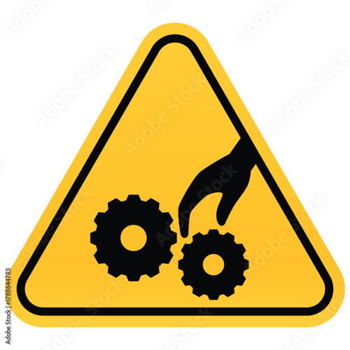 Warning sign of hand hazard with gears vector illustration of safety precaution isolated on white background