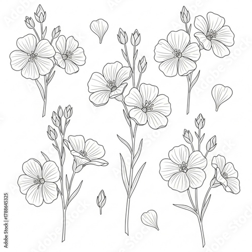 Collection of flax flowers and petals silhouette isolated on white background