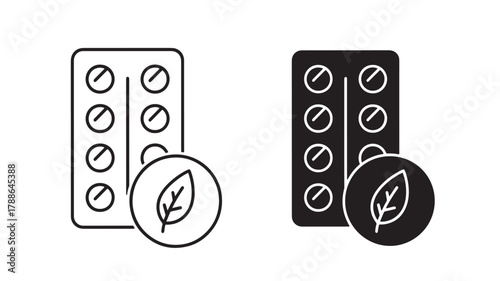 a minimalistic outline illustration depicting two blister packs of pills alongside a leaf symbol ideal for medical or natural health concepts on transparent background silhouette