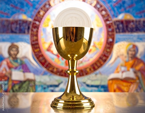 Holy communion elements including chalice, hosts, and crumb on altar against religious icons