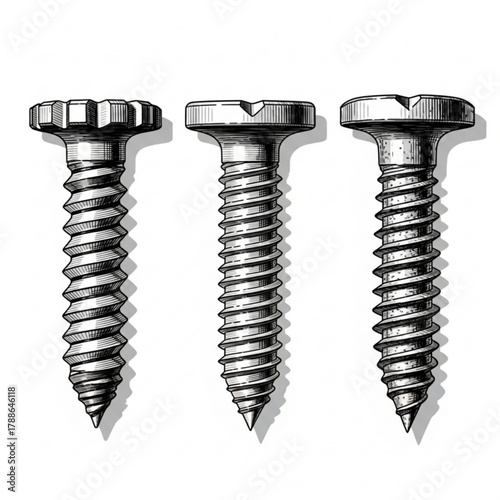 Three different screws in a line silhouette isolated on white background