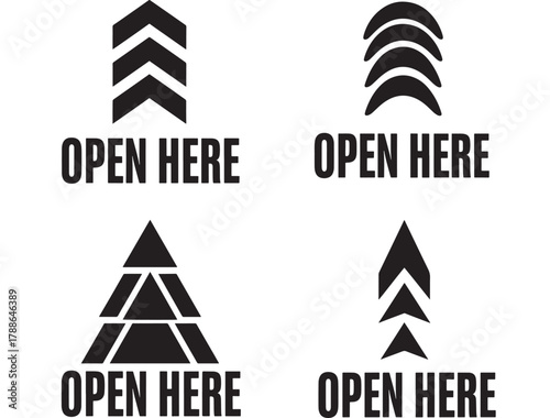 this image displays four black arrow icons with the text open here beneath each ideal for design projects on transparent background silhouette high quality professional detailed