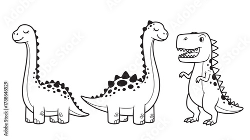 charming black and white illustration of three cartoon dinosaurs including a t rex and two brontosauruses perfect for kids designs on transparent background silhouette high quality