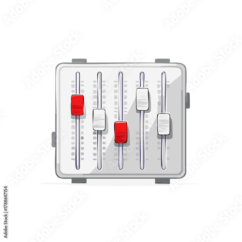 Digital mixing board with five faders two red and three white sliders