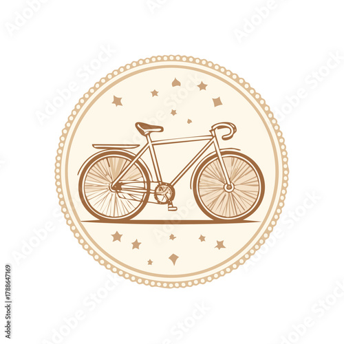 Retro Bicycle Illustration in Decorative Circle with Stars Design