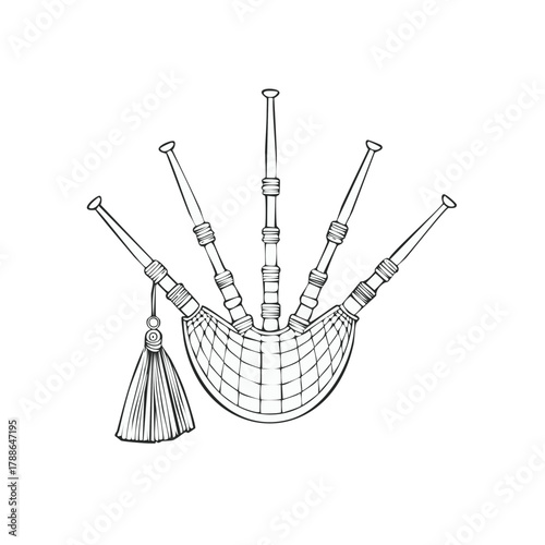 Traditional Bagpipe Musical Instrument Sketch with Tassel and Five Chanter Drones