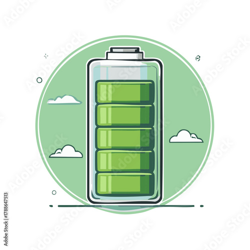 Fully charged green battery icon showing maximum power level in a modern digital illustration for energy concepts