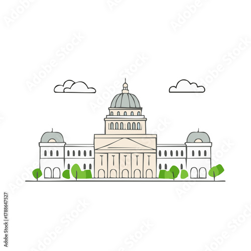 Government Building with Dome and Columns, Minimalist Line Art Illustration