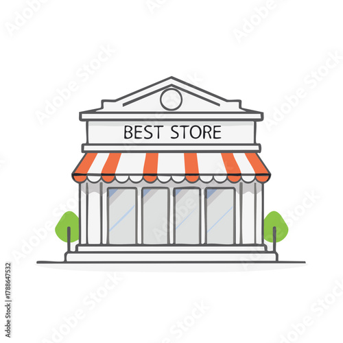 Cartoon storefront with orange awning and trees on either side representing a shop or business