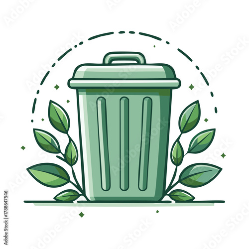 Green recycling bin surrounded by leaves symbolizing eco friendly waste management
