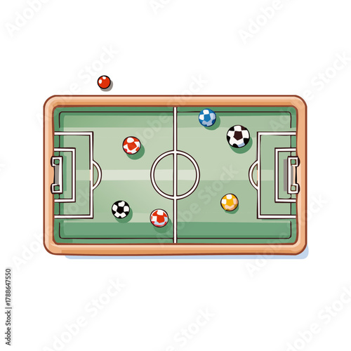 Top-down view of a cartoon soccer field with colorful balls scattered across the green turf