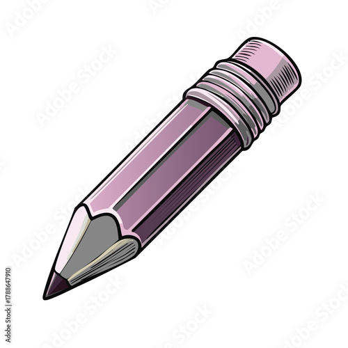 Isolated purple pencil with eraser and sharpened graphite tip, illustration on white