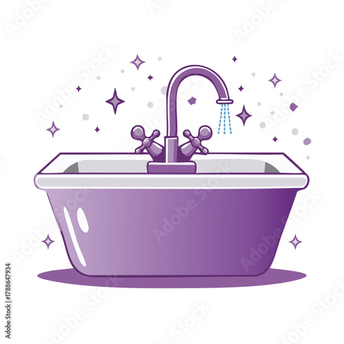 Fresh and clean purple bathtub with running water from a sparkling faucet