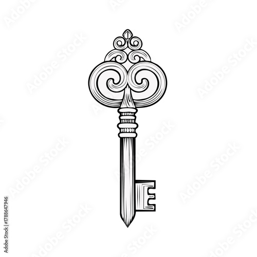 Ornate vintage key with decorative scroll handle and detailed bit