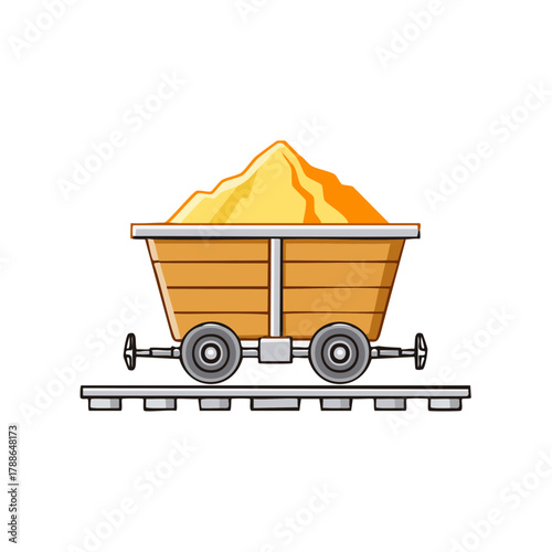 Mine cart full of yellow sand on railway tracks, simple industrial cartoon vector illustration.