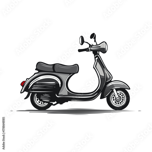 Classic vintage scooter illustration in grey and black tones with a retro style